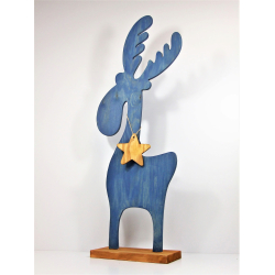 Łoś drewniany dekoracja na podstawie 103cm Niebieski